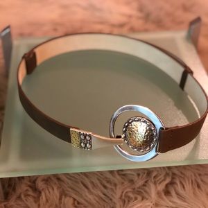 Chico’s Olive Leather Belt with Hammered Buckle